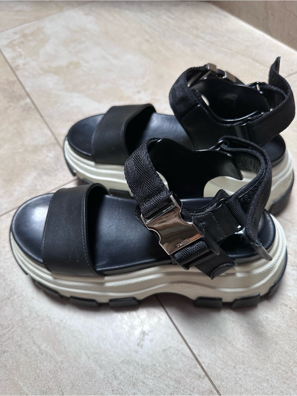 Prada Black and Cream Platform Sandals